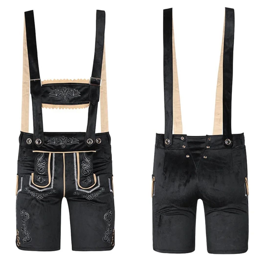 Schwarze Lederhose mit Hosenträgern, Stickerei, traditionell, Trachtenmode, Herrenmode.