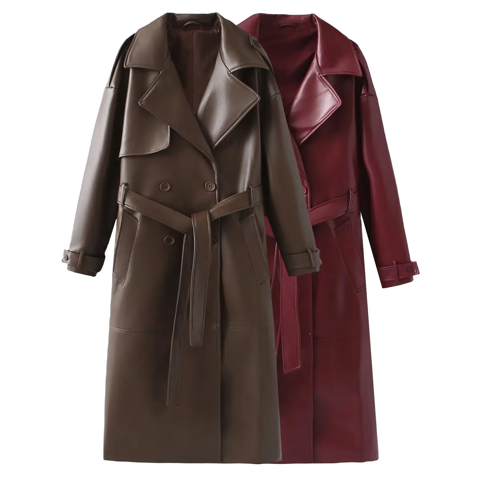 Zwei lange Ledermäntel, braun und rot, mit Gürtel, klassischer Schnitt, Herbstmode.