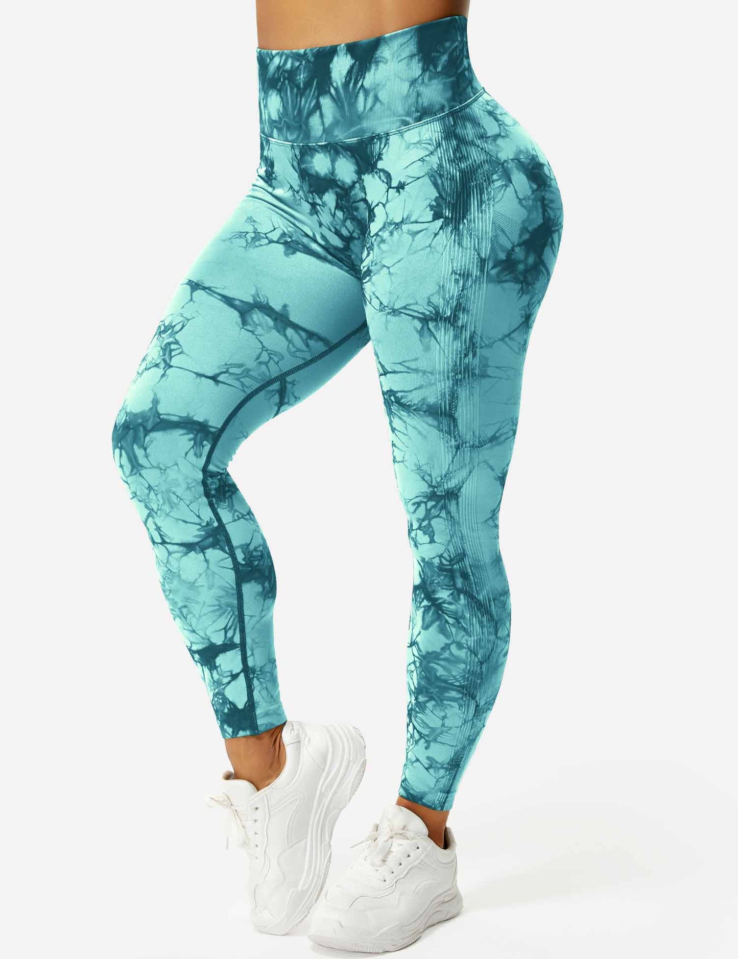 Damen Leggings cyanblau, Batikmuster, hohe Taille, Sportbekleidung, elastisch, bequem.
