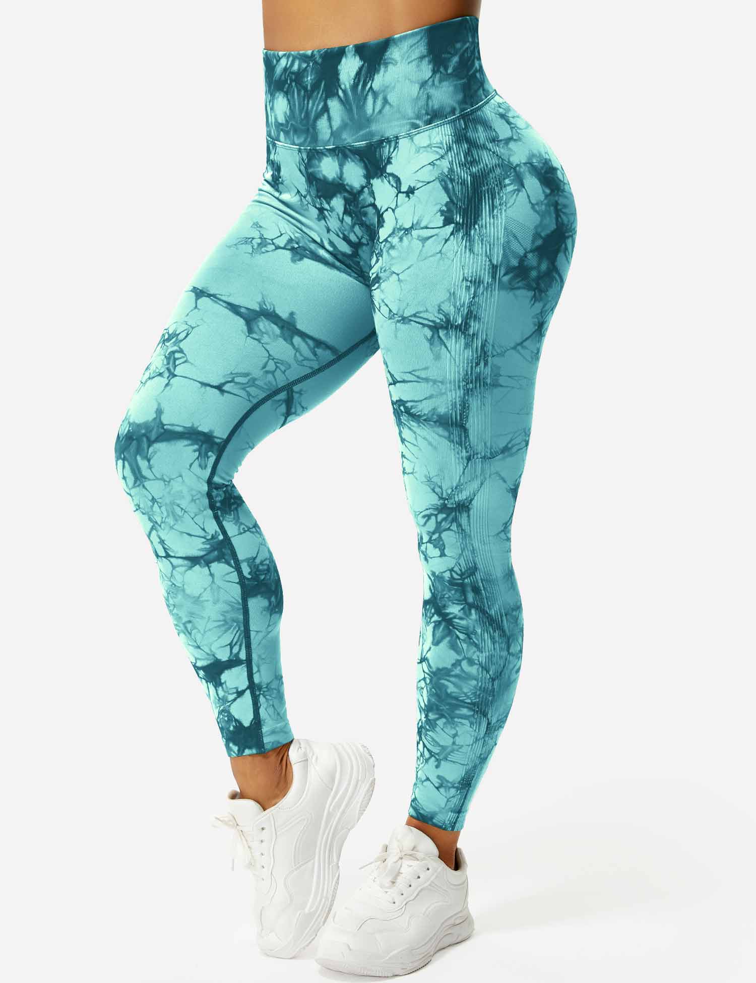 Damen Leggings cyanblau, Batikmuster, hohe Taille, Sportbekleidung, elastisch, bequem.