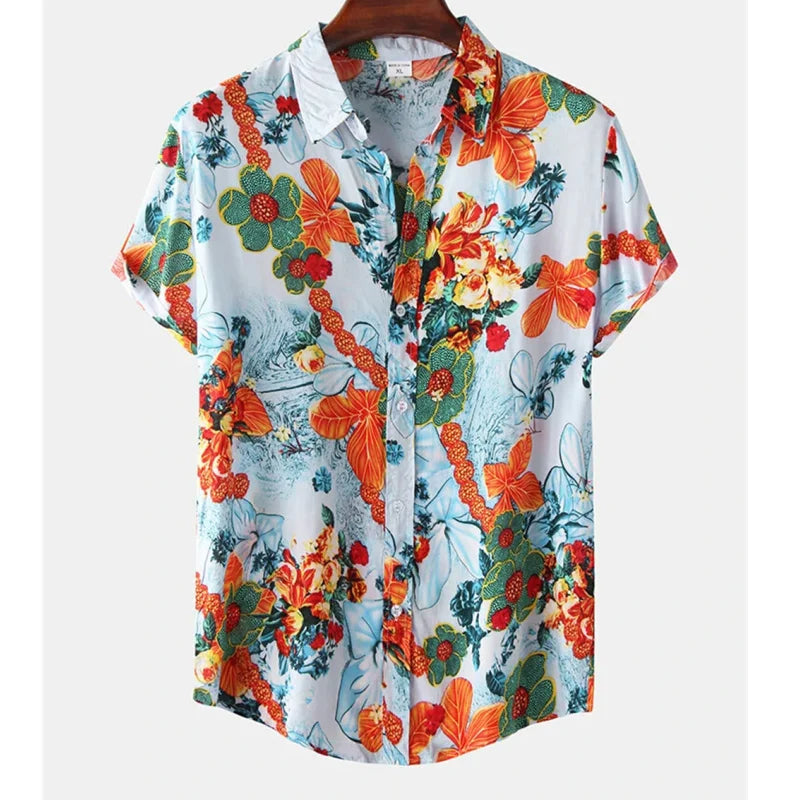Tropenhemd Herren | Blumenmuster | leicht | atmungsaktiv | locker geschnitten | bunt-Blau-Orange-S-Luzern Mode