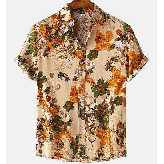 Tropenhemd Herren | Blumenmuster | leicht | atmungsaktiv | locker geschnitten | bunt-Braun-Orange-S-Luzern Mode