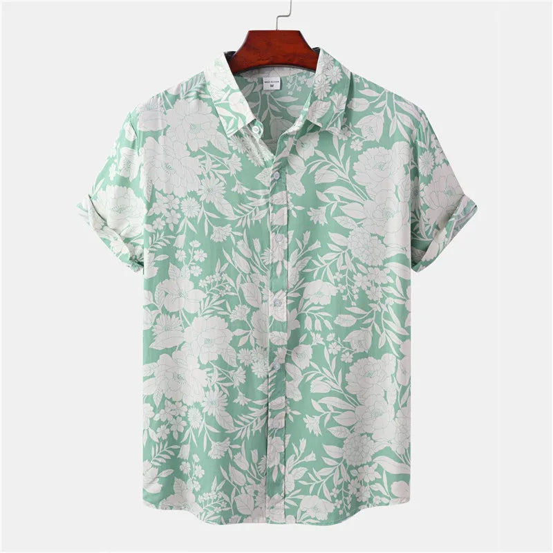 Tropenhemd Herren | Blumenmuster | leicht | atmungsaktiv | locker geschnitten | bunt-Grün-Weiß-S-Luzern Mode