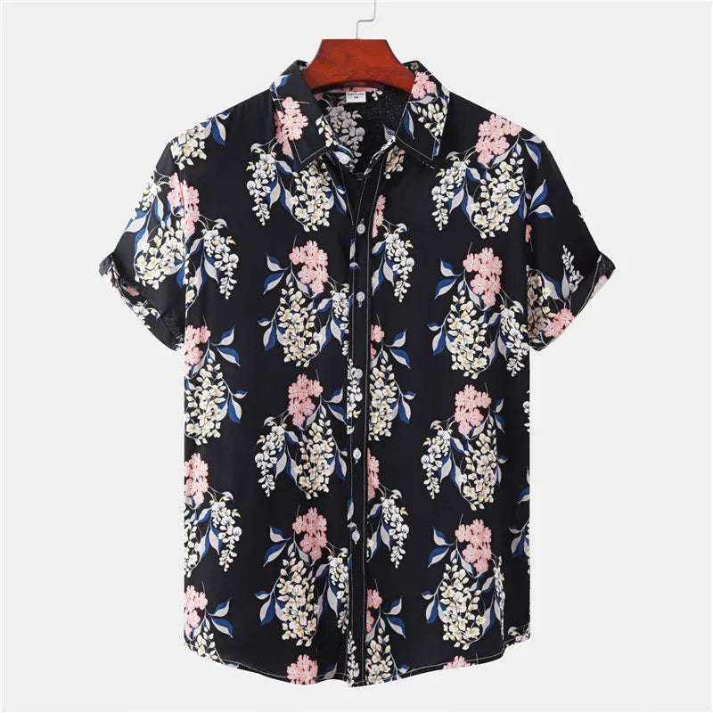 Tropenhemd Herren | Blumenmuster | leicht | atmungsaktiv | locker geschnitten | bunt-Schwarz-Rosa-S-Luzern Mode