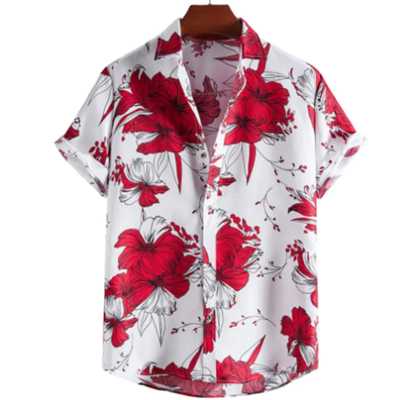 Tropenhemd Herren | Blumenmuster | leicht | atmungsaktiv | locker geschnitten | bunt-Weiß-Rot-S-Luzern Mode