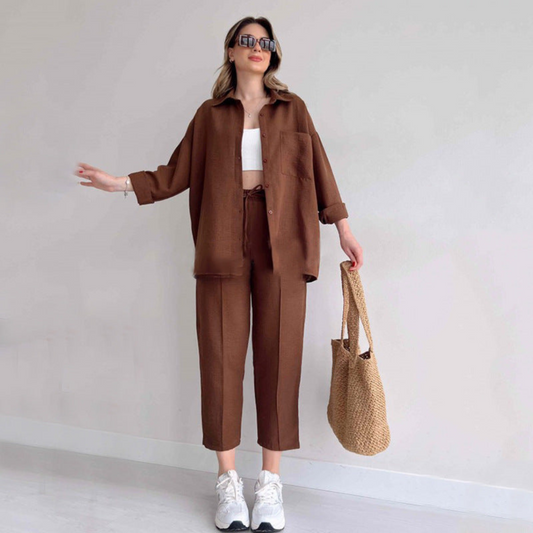 Damen Outfit | Zweiteilig | Einfarbig | Lockere Schnitt | Bluse | Hose-Braun-S-Luzern Mode