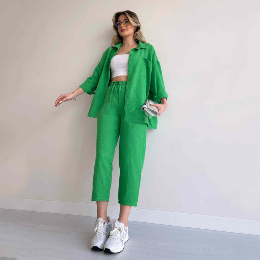 Damen Outfit | Zweiteilig | Einfarbig | Lockere Schnitt | Bluse | Hose-Grün-S-Luzern Mode