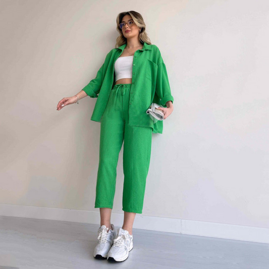Damen Outfit | Zweiteilig | Einfarbig | Lockere Schnitt | Bluse | Hose-Grün-S-Luzern Mode