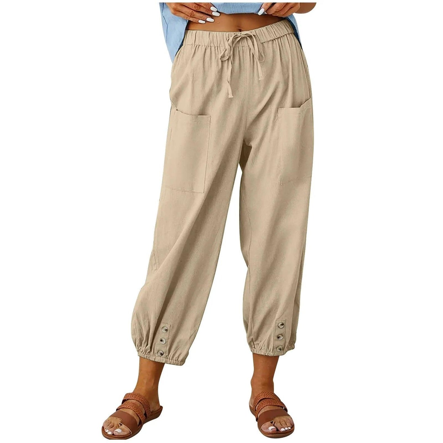 Atmungsaktives Leinenmaterial | weiter Schnitt | elastischer Bund mit Kordelzug-Khaki-S-Luzern Mode