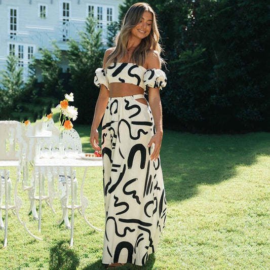 Boho Set Damen zweiteilig | Off-Shoulder Top | Midirock | figurbetont | luftig-Luzern Mode