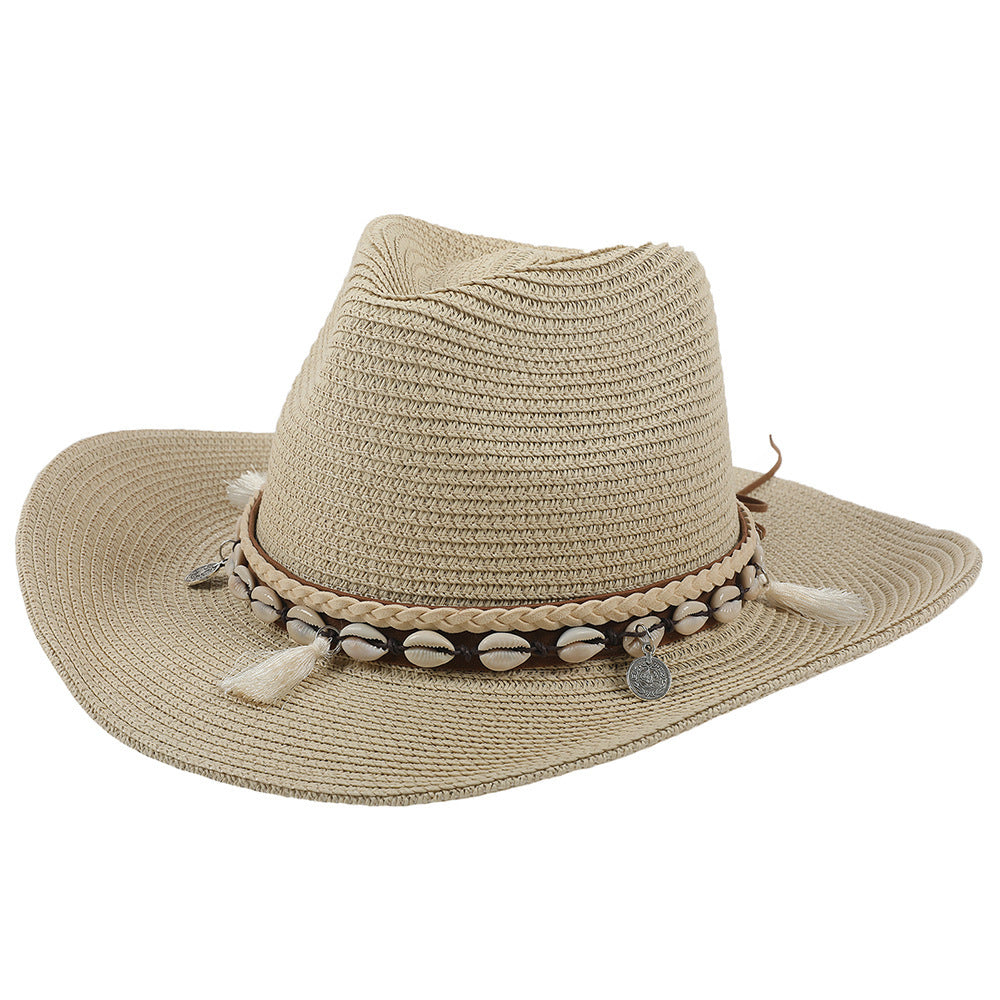 Sommerhut Damen | Mit Muscheln & Quasten | Leicht & Boho | Für Strand & Freizeit-Beige-Luzern Mode