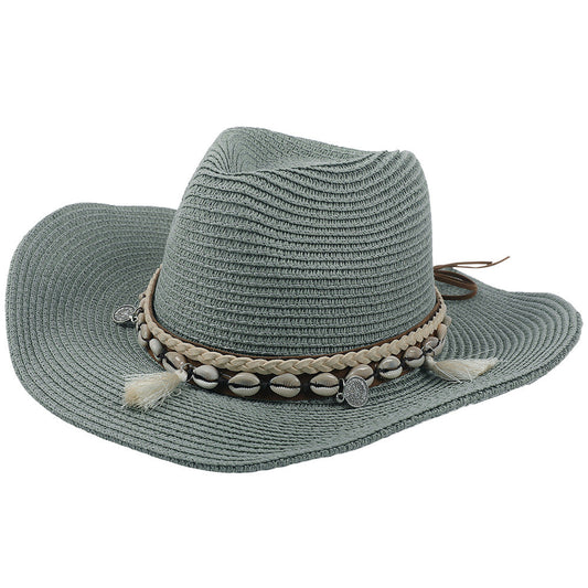 Sommerhut Damen | Mit Muscheln & Quasten | Leicht & Boho | Für Strand & Freizeit-Grün-Luzern Mode