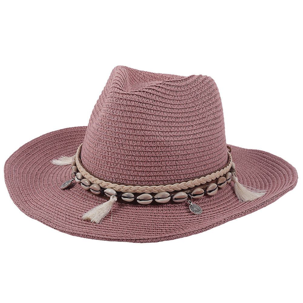 Sommerhut Damen | Mit Muscheln & Quasten | Leicht & Boho | Für Strand & Freizeit-Lila-Luzern Mode