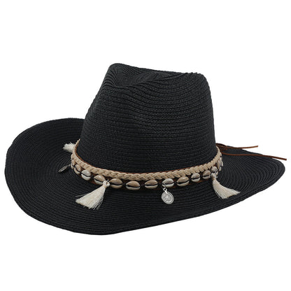 Sommerhut Damen | Mit Muscheln & Quasten | Leicht & Boho | Für Strand & Freizeit-Schwarz-Luzern Mode