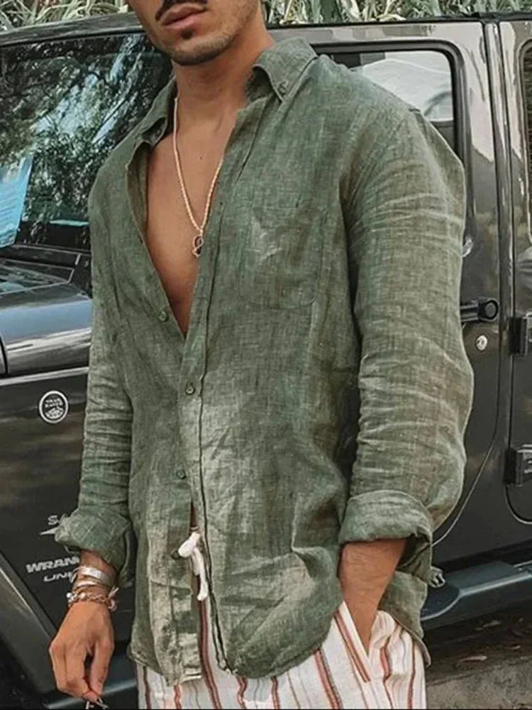 Herren Leinenhemd Sommer | Leicht | Atmungsaktiv | Geknittert | Freizeit | Style-Grün-S-Luzern Mode