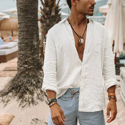 Herren Leinenhemd Sommer | Leicht | Atmungsaktiv | Geknittert | Freizeit | Style-Weiß-S-Luzern Mode