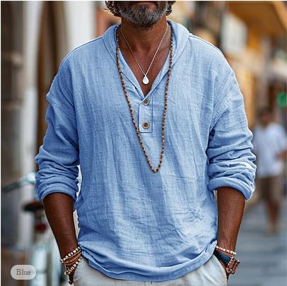 Leinenhemd Herren | Sommerhemd | Atmungsaktiv | Freizeit | Büro | Schwarz | Blau-Blau-S-Luzern Mode