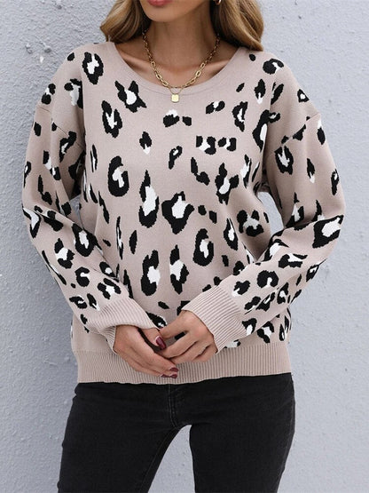 Damenpullover mit Leopardenmuster, beige, langärmelig, modisch, bequem, Baumwolle.