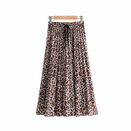 Leopardenmuster Maxirock, Damenmode, beige-schwarz, elastischer Bund, Sommerkleidung.