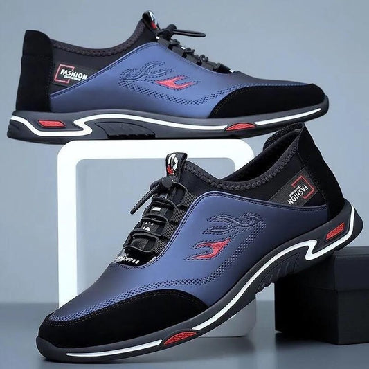 Stilvolle blaue Herrenschuhe, bequem, modisch, mit schwarzem und rotem Detail.