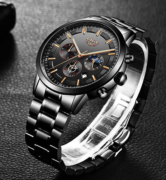 Schwarze LIGE Herrenuhr, Edelstahlarmband, Chronograph, elegantes Design.