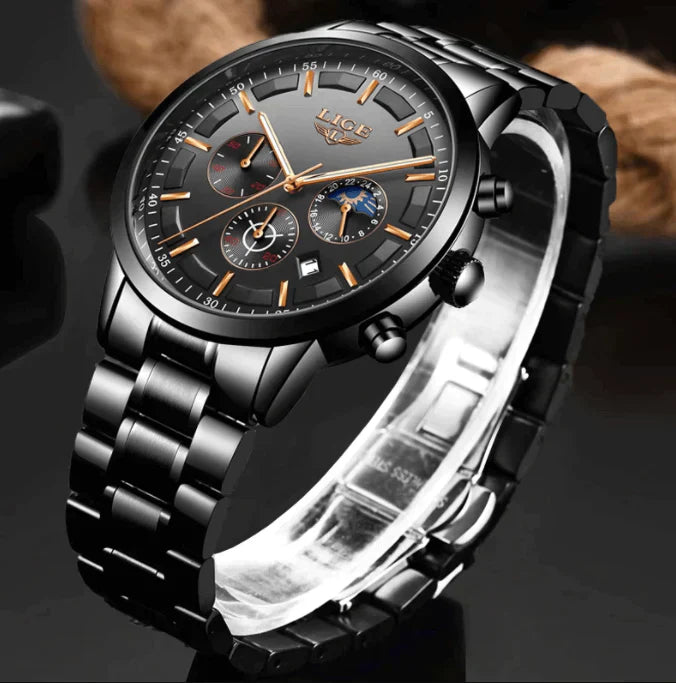 Schwarze LIGE Herrenuhr, Edelstahlarmband, Chronograph, elegantes Design, modisch.