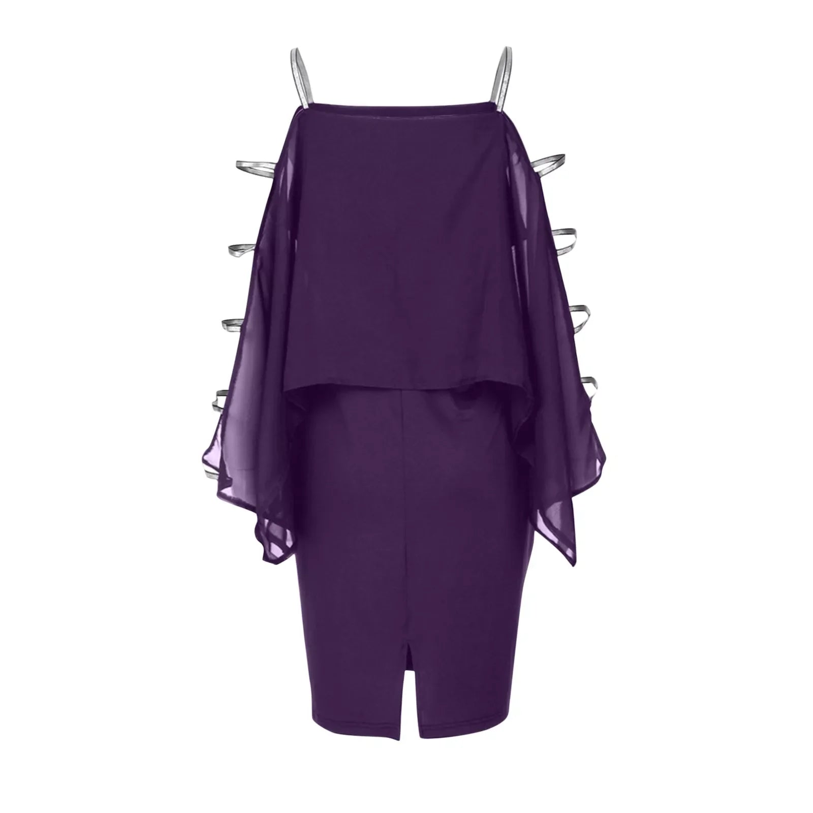 Lila Cocktailkleid mit transparenten Ärmeln, elegantes Design, Abendmode für Damen.