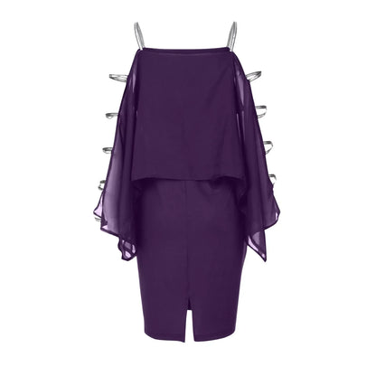 Lila Cocktailkleid mit transparenten Ärmeln, elegantes Design, Abendmode für Damen.