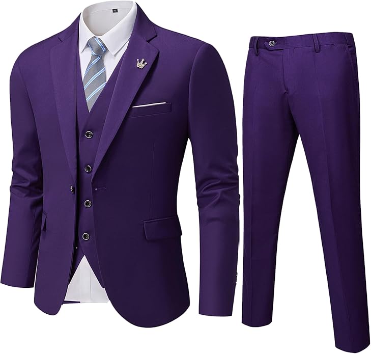 Lila Herrenanzug mit Weste und Krawatte, elegantes Design, ideal für formelle Anlässe.
