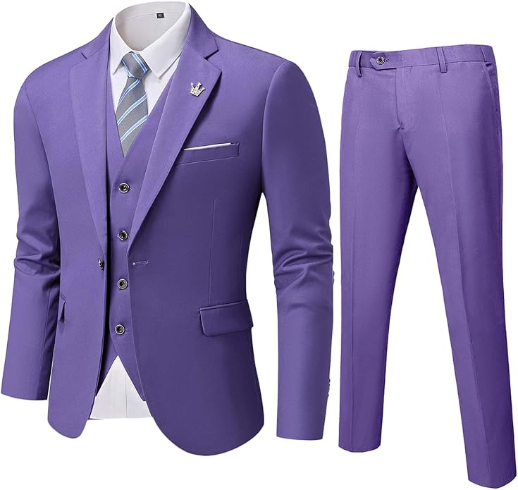 Lila Herrenanzug mit Weste und Krawatte, elegantes Design, ideal für formelle Anlässe.