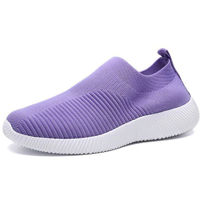 Lila Damen-Sneaker, atmungsaktiv, rutschfest, Strickmaterial, weiße Sohle.