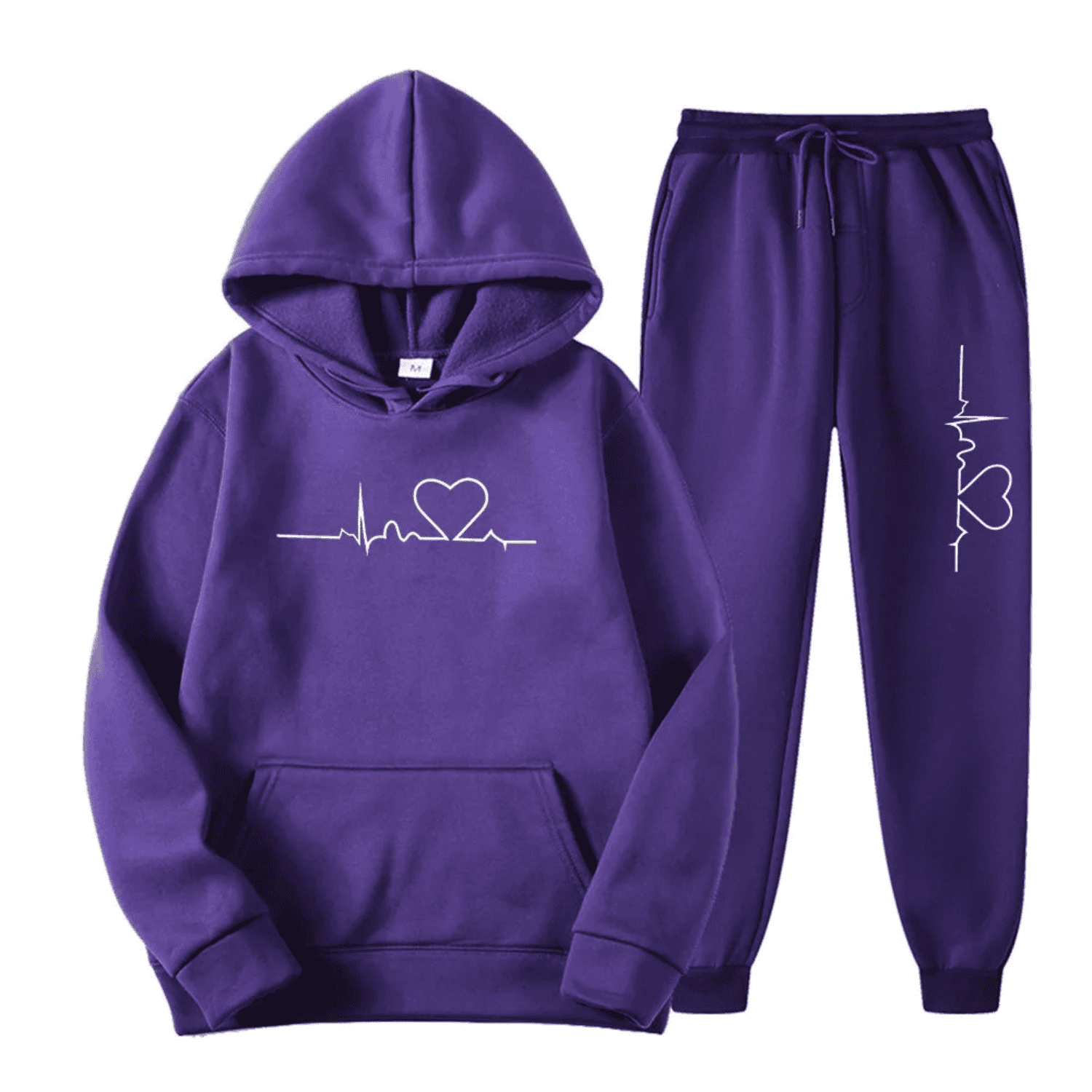 Lila Kapuzenpullover und Jogginghose Set mit Herz-EKG-Design, Baumwolle, Unisex, Freizeitkleidung.