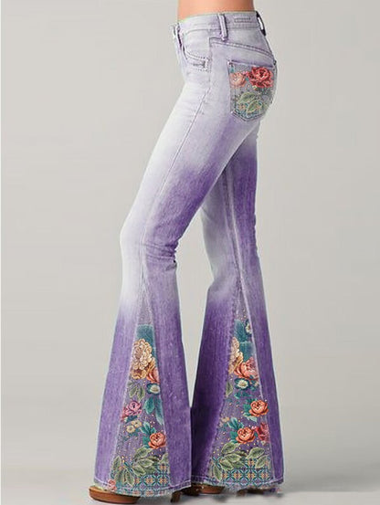 Lila Schlaghose Damen, Blumenmuster, Vintage-Design, modische Jeans, 70er-Jahre-Stil
