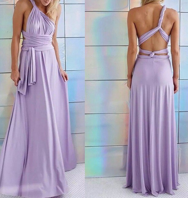 Fliederfarbenes Abendkleid, rückenfrei, bodenlang, elegantes Design, Damenmode.