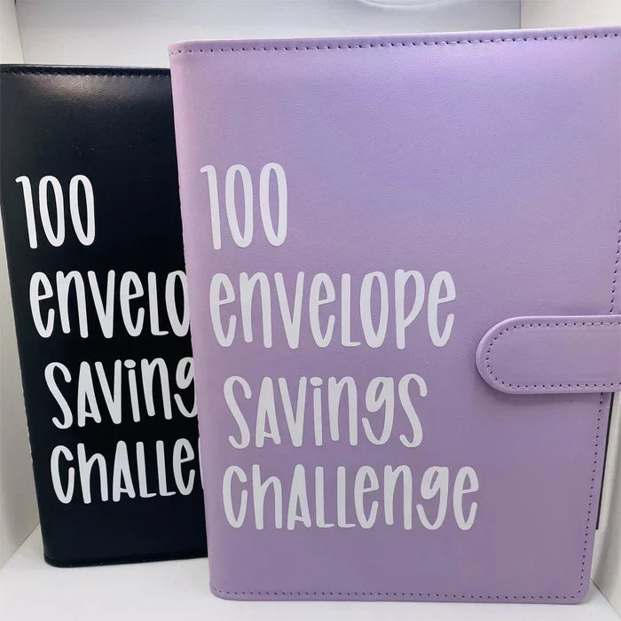 Lila und schwarzes Sparbuch, 100 Umschläge, Spar-Challenge, Budget-Planer, Kunstleder.