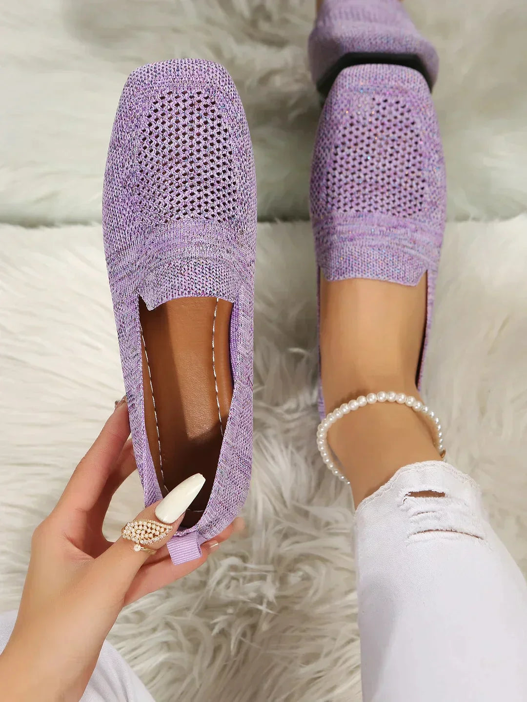 Lila Damen-Loafer aus Strick, bequem, atmungsaktiv, modisch, ideal für Frühling und Sommer.