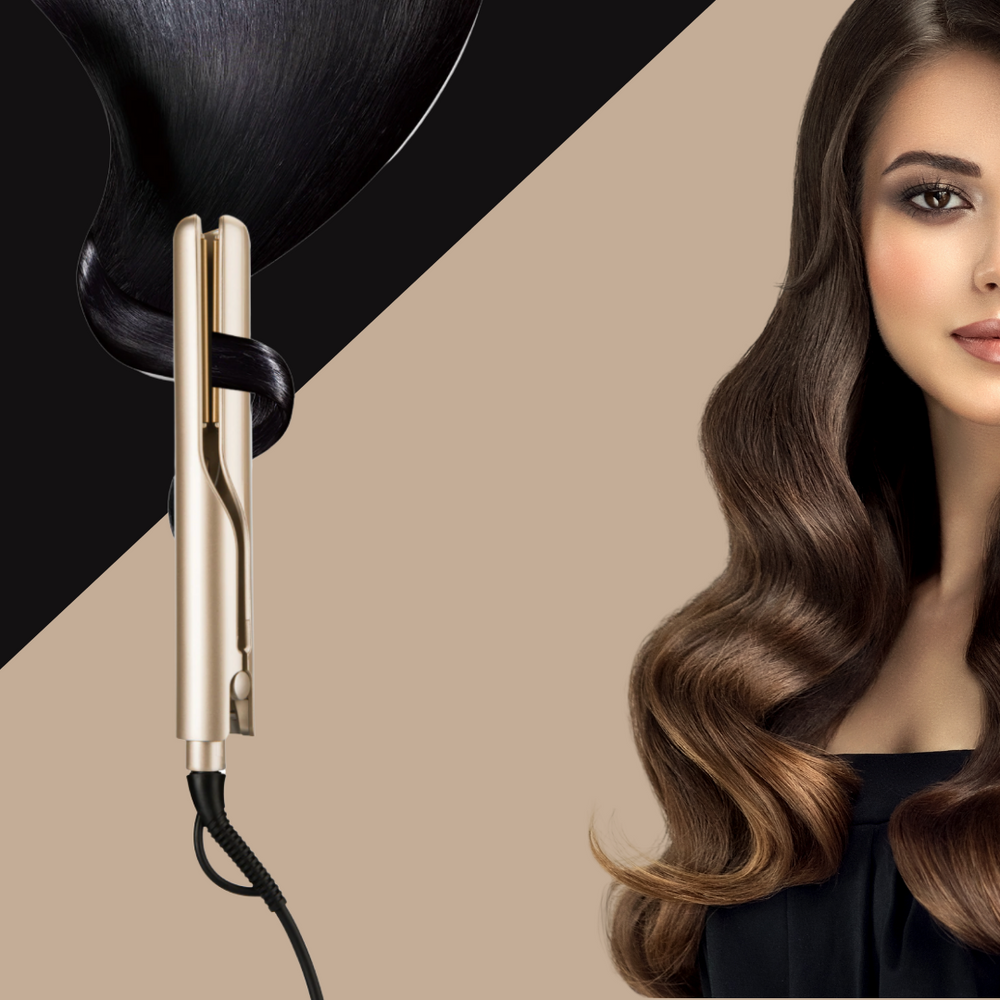 Goldener Lockenstab für glänzende Locken, Haarstyling, professionelle Haarpflege, Friseurqualität.