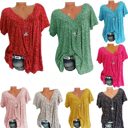 Buntes Damen V-Ausschnitt T-Shirt, kurzarm, lässig, Baumwolle, ideal für Sommermode.