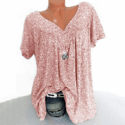 Rosa Damen V-Ausschnitt T-Shirt, kurzarm, lässig, geblümt, Baumwolle, Sommermode.