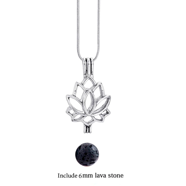 Silberner Lotus-Anhänger mit 6mm Lavastein, Schmuck, Meditationskette, Yoga-Accessoire.