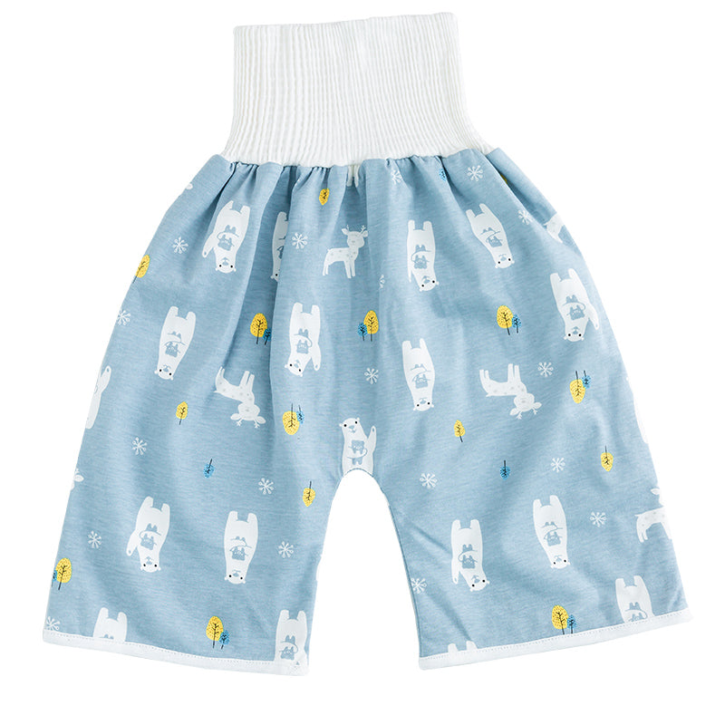 Blau-weiße Kinder-Trainingshose mit Bärenmuster, 2-in-1 Design, wiederverwendbar, Baumwolle.