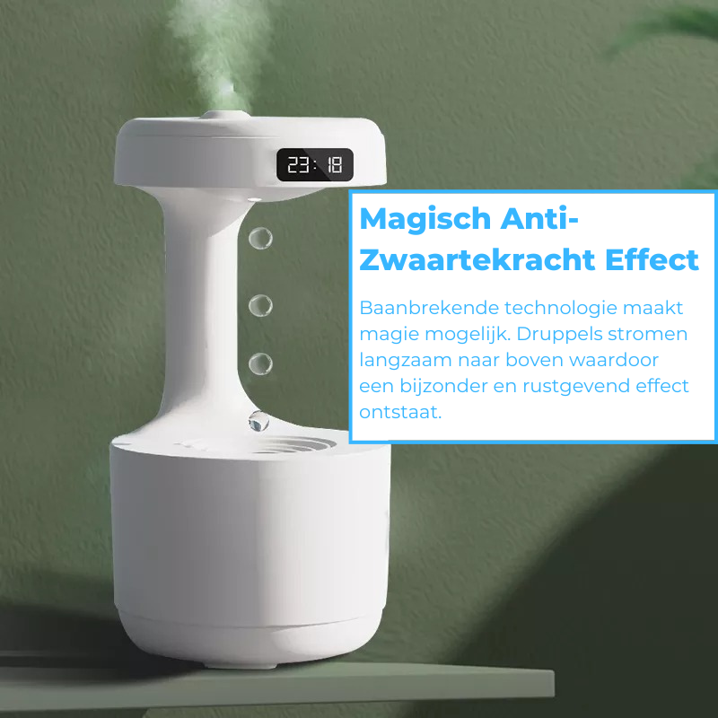 Weißer Luftbefeuchter mit LED-Anzeige, schwebende Wassertropfen, modernes Design.