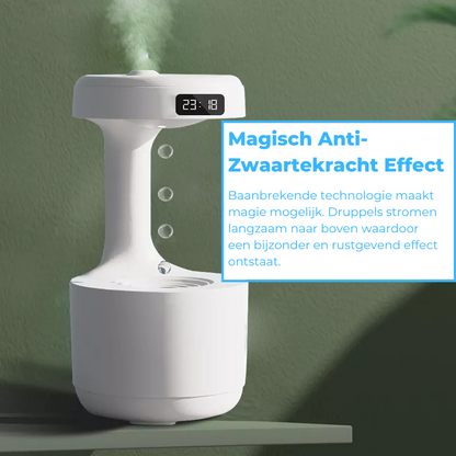 Weißer Luftbefeuchter mit LED-Anzeige, schwebende Wassertropfen, modernes Design.