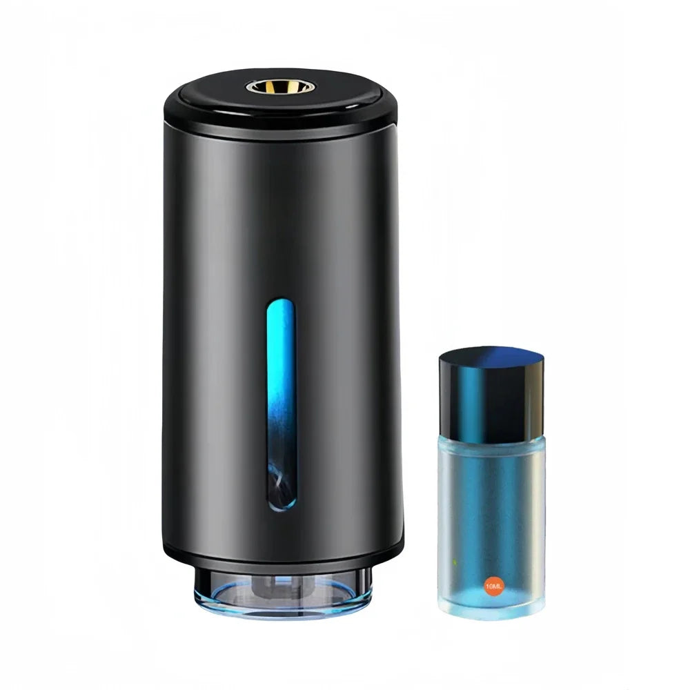 Schwarzer elektrischer Lufterfrischer mit blauem Licht und Duftflakon, modernes Design.
