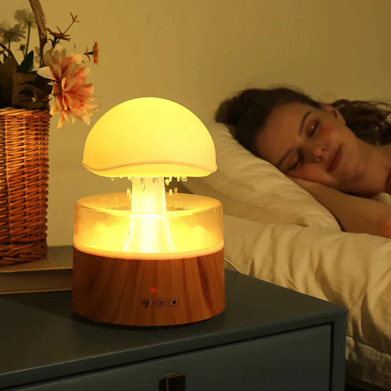 Luftbefeuchter mit Holzoptik, LED-Licht, Schlafzimmer, Nacht, Entspannung, moderne Dekoration.