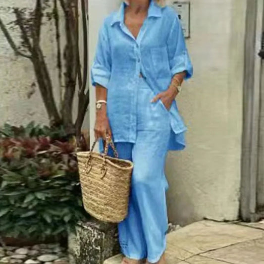 Oversized Set Damen Sommer | Bluse & weite Hose | Leinenmix | Luftig & stylisch-Blau-S-Luzern Mode