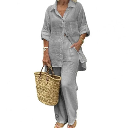 Oversized Set Damen Sommer | Bluse & weite Hose | Leinenmix | Luftig & stylisch-Grau-S-Luzern Mode