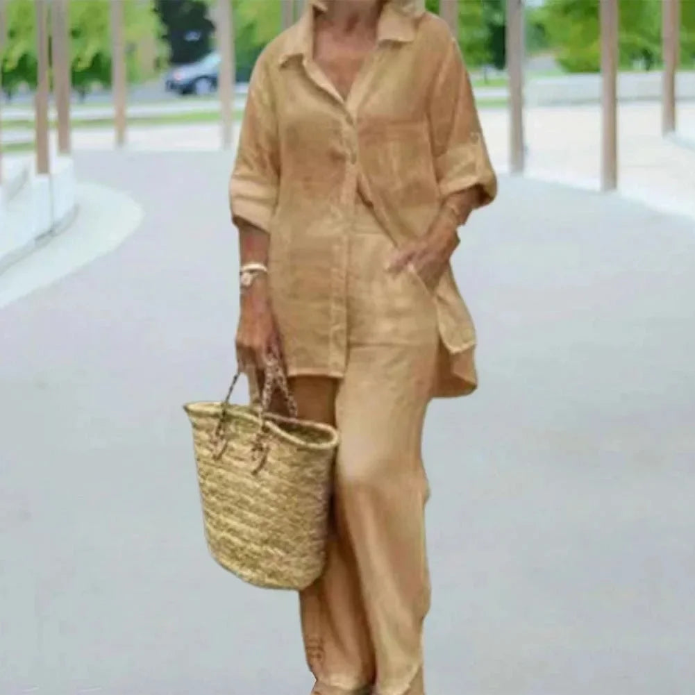 Oversized Set Damen Sommer | Bluse & weite Hose | Leinenmix | Luftig & stylisch-Khaki-S-Luzern Mode