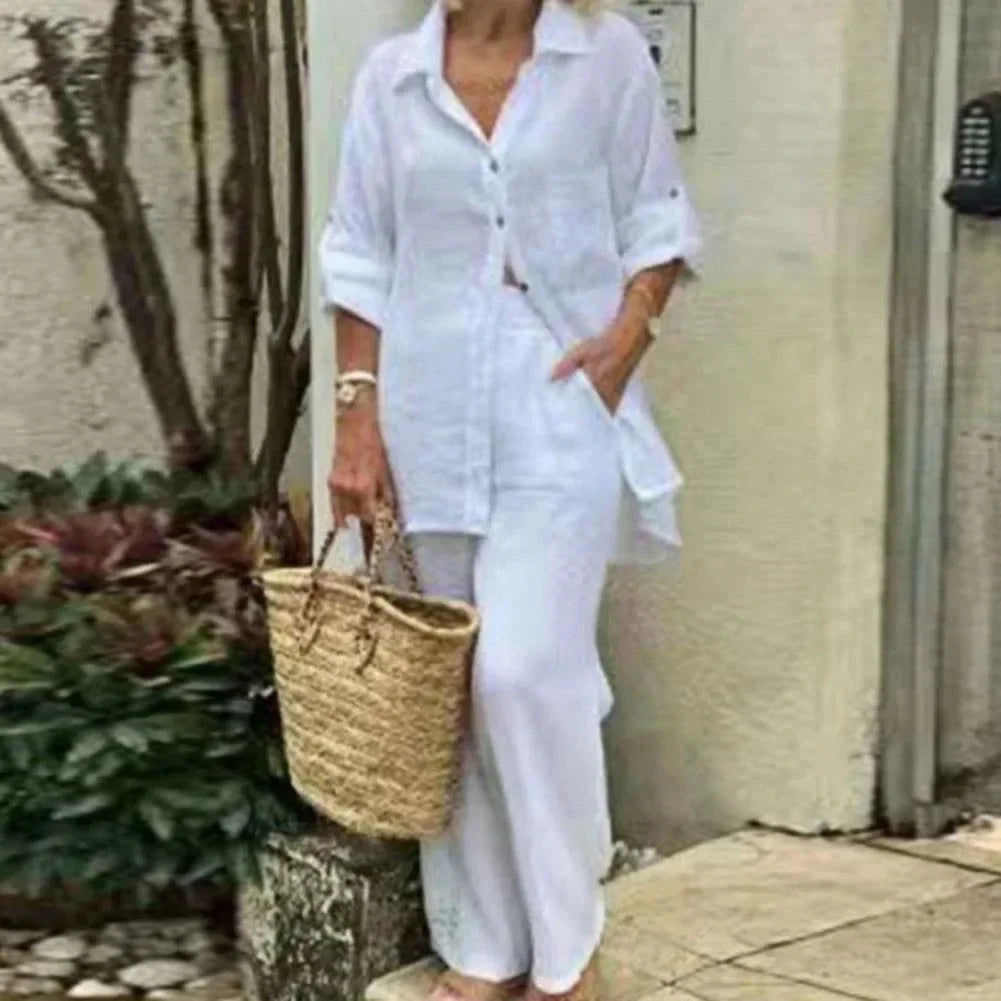 Oversized Set Damen Sommer | Bluse & weite Hose | Leinenmix | Luftig & stylisch-Weiß-S-Luzern Mode