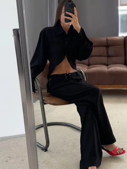 Leinen Zweiteiler Damen | Atmungsaktiv & locker | Langarmshirt | Weite Mid-Waist Hose-Schwarz-S-Luzern Mode